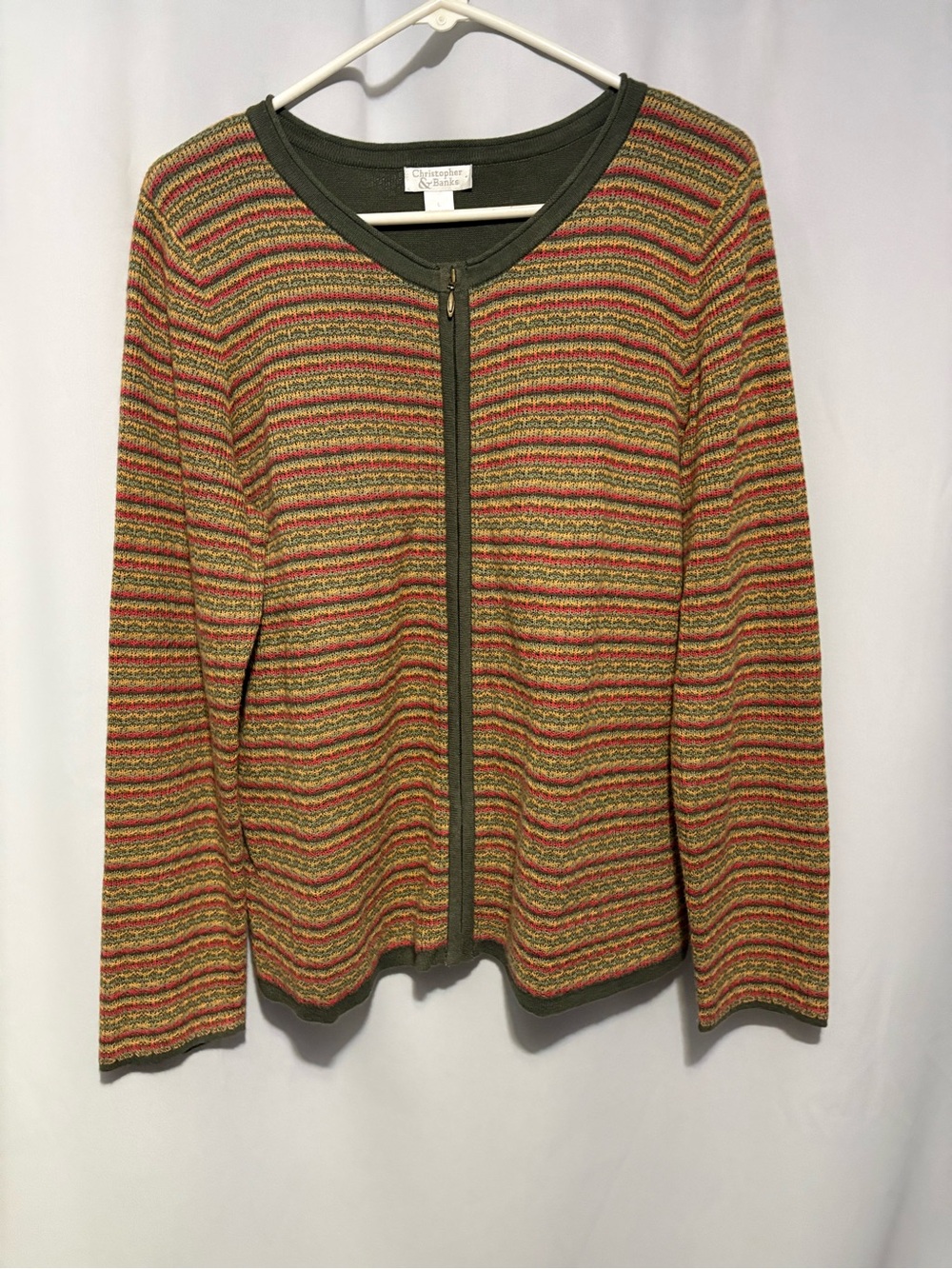 Christopher & Banks Olive-Trim Multicolor Striped Zip Cardigan